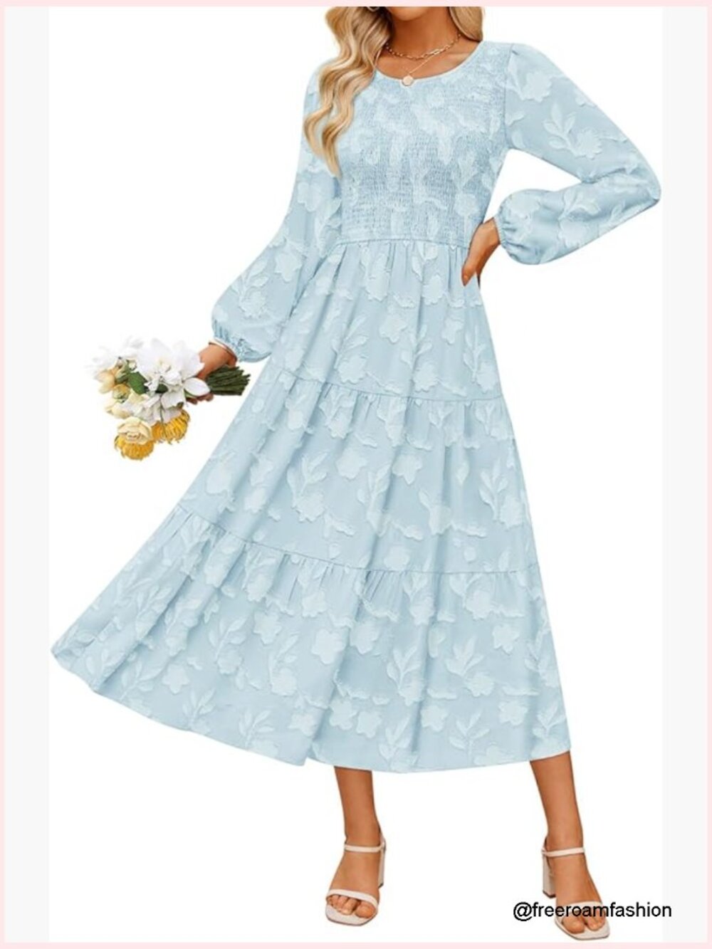 Boho Floral Midi Dress Long Sleeve Crewneck Flowy Wedding Guest Casual